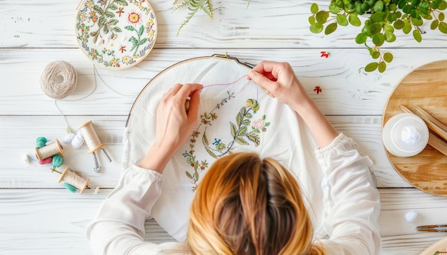 Osoba haftująca kolorowy kwiatowy wzór